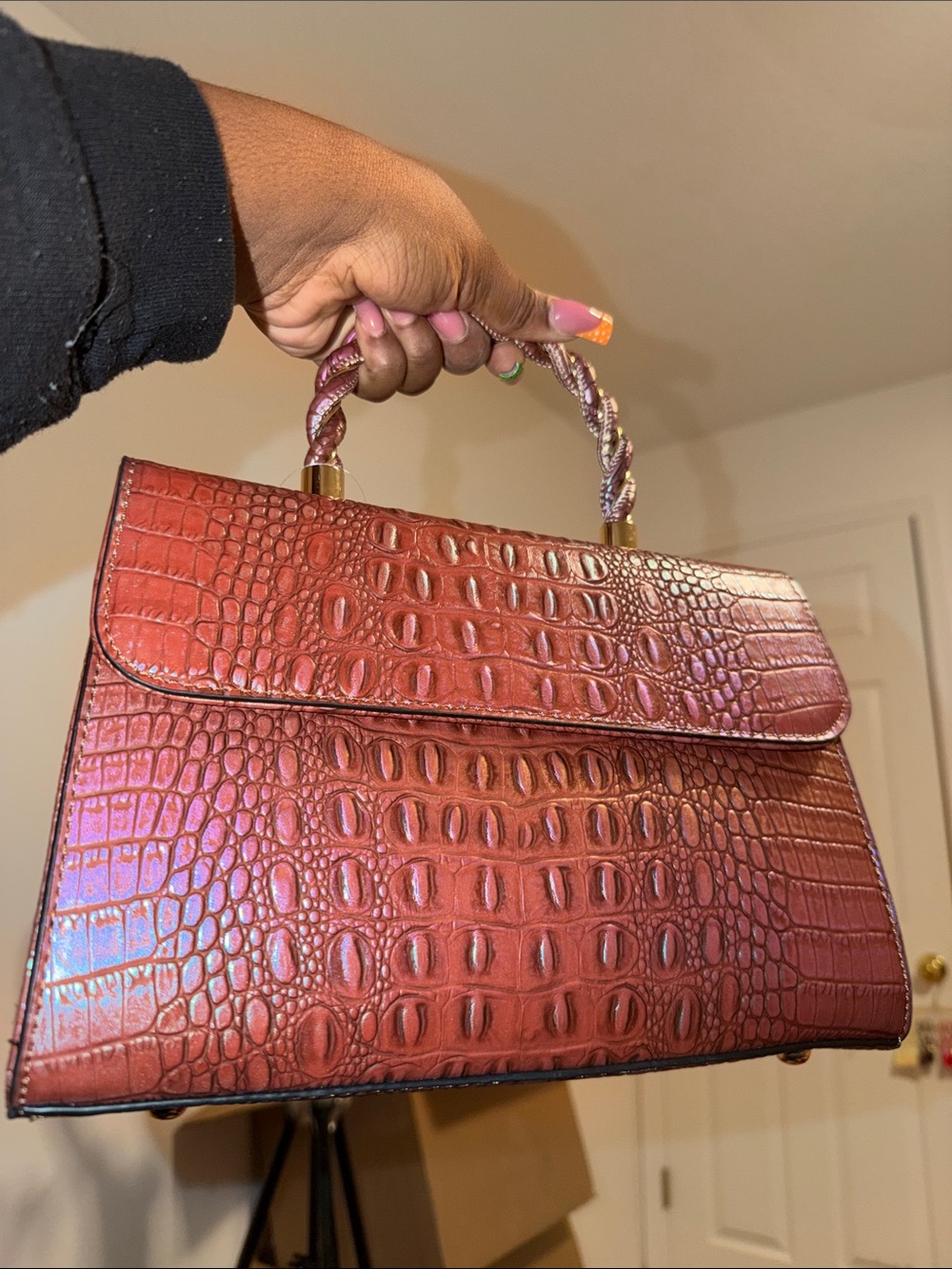 Croc-Embossed Top-Handle Satchel in BROWN